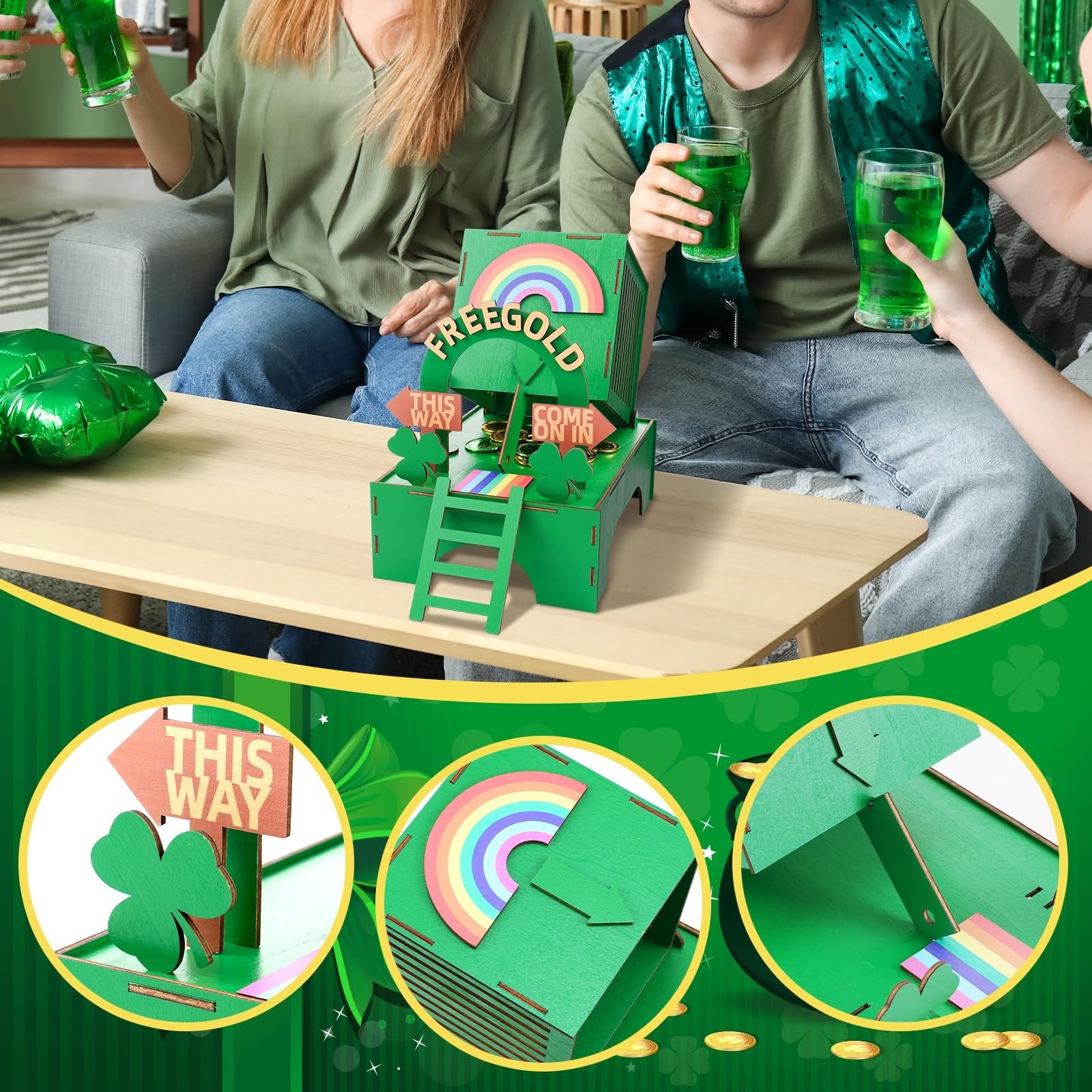 St. Patrick's Day leprechaun trap kit assembled on a table with people holding green drinks.