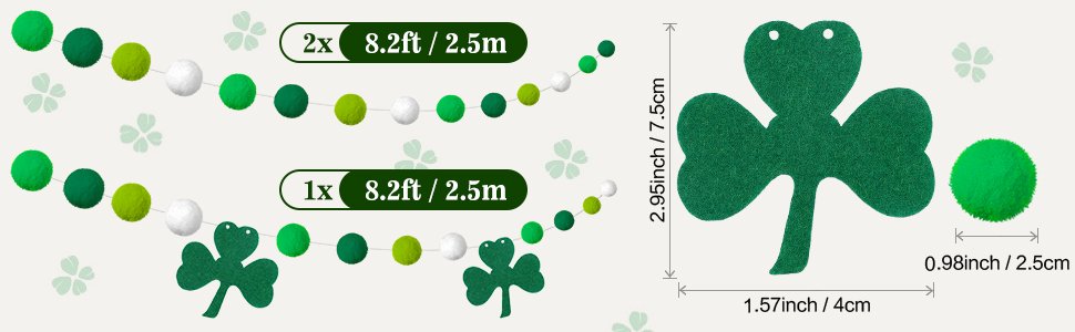 St. Patrick's Day garland with green, white, and light green pom poms and felt shamrocks, showing dimensions and quantity.