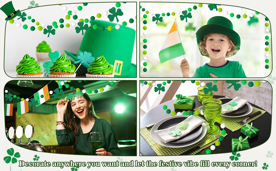 Collage of St. Patrick's Day decorations including shamrock garlands, cupcakes, a child with a flag, and a table setting.
