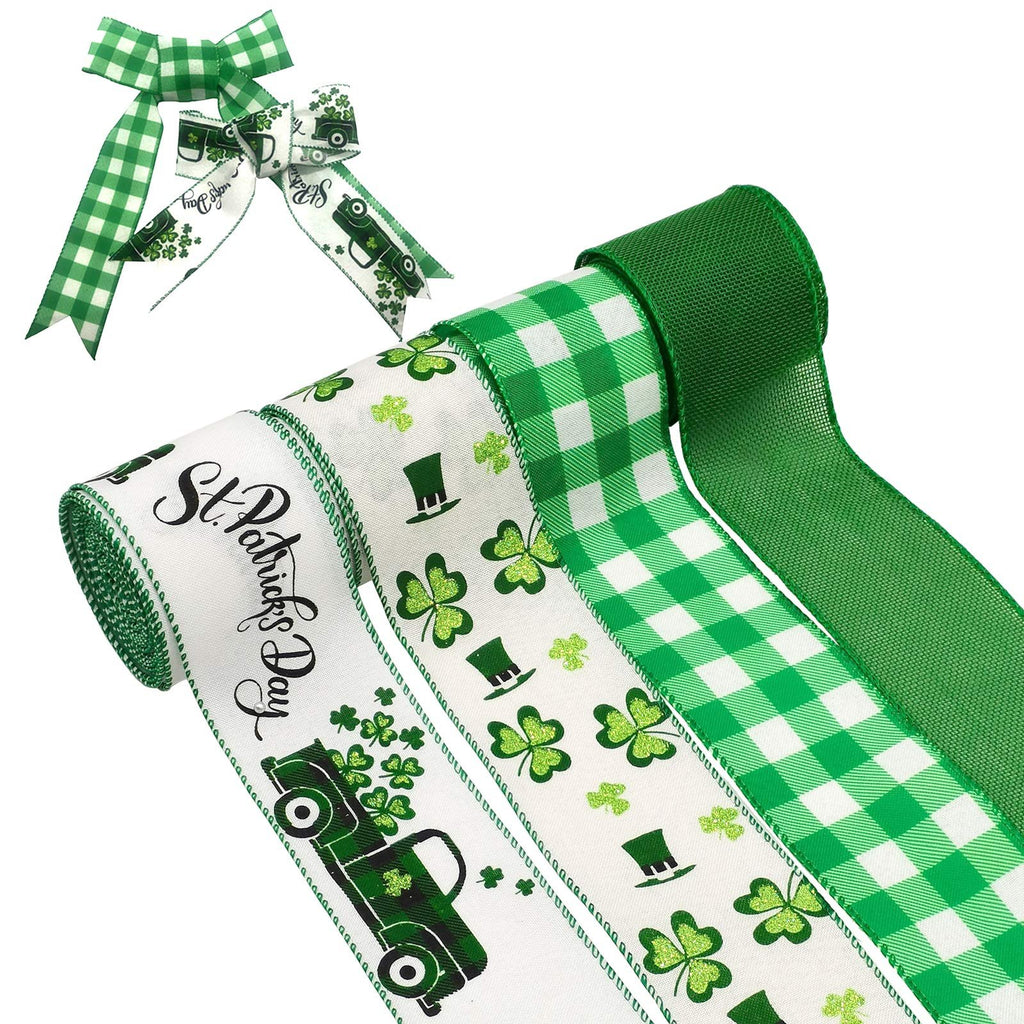 St. Patrick's Day themed wired edge ribbon rolls and a bow, featuring shamrocks, hats, and a truck.