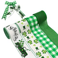 St. Patrick's Day themed wired edge ribbon rolls and a bow, featuring shamrocks, hats, and a truck.