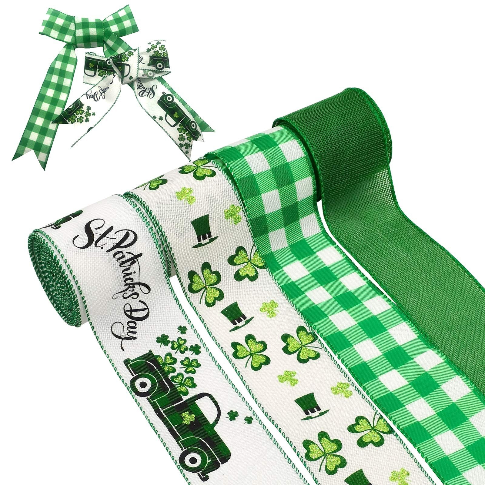 St. Patrick's Day themed wired edge ribbon rolls and a bow, featuring shamrocks, hats, and a truck.