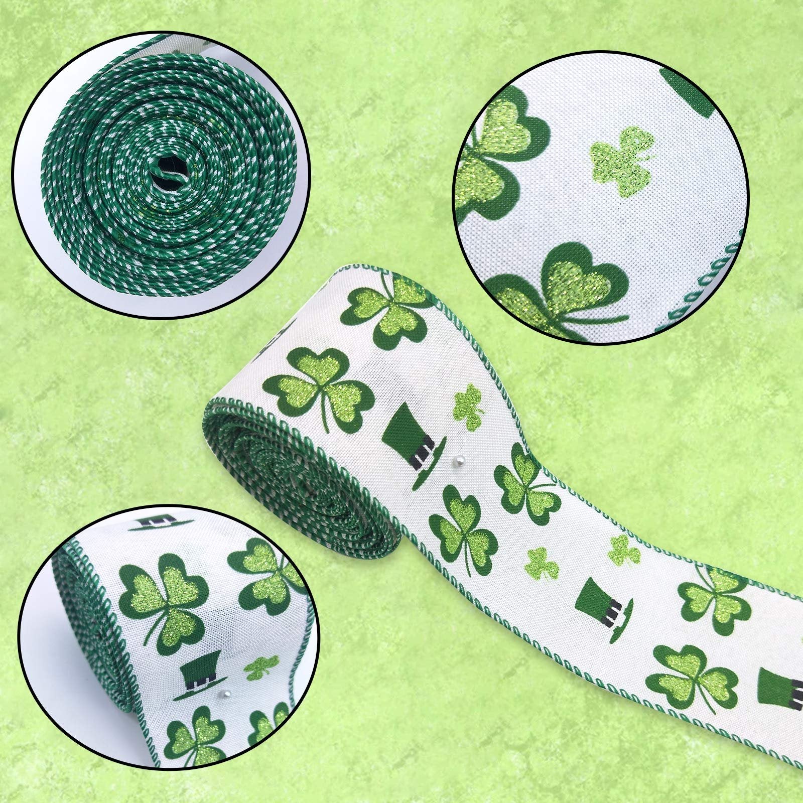 St. Patrick's Day ribbon with shamrocks and hats, shown rolled and in close-up views