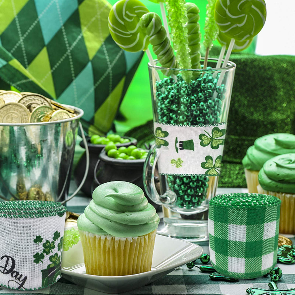 St. Patrick's Day themed ribbon rolls with shamrocks and plaid patterns, surrounded by festive decorations like gold coins and cupcakes.