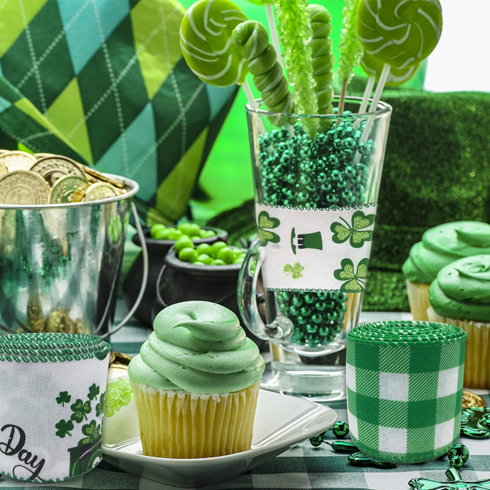 St. Patrick's Day themed ribbon rolls with shamrocks and plaid patterns, surrounded by festive decorations like gold coins and cupcakes.