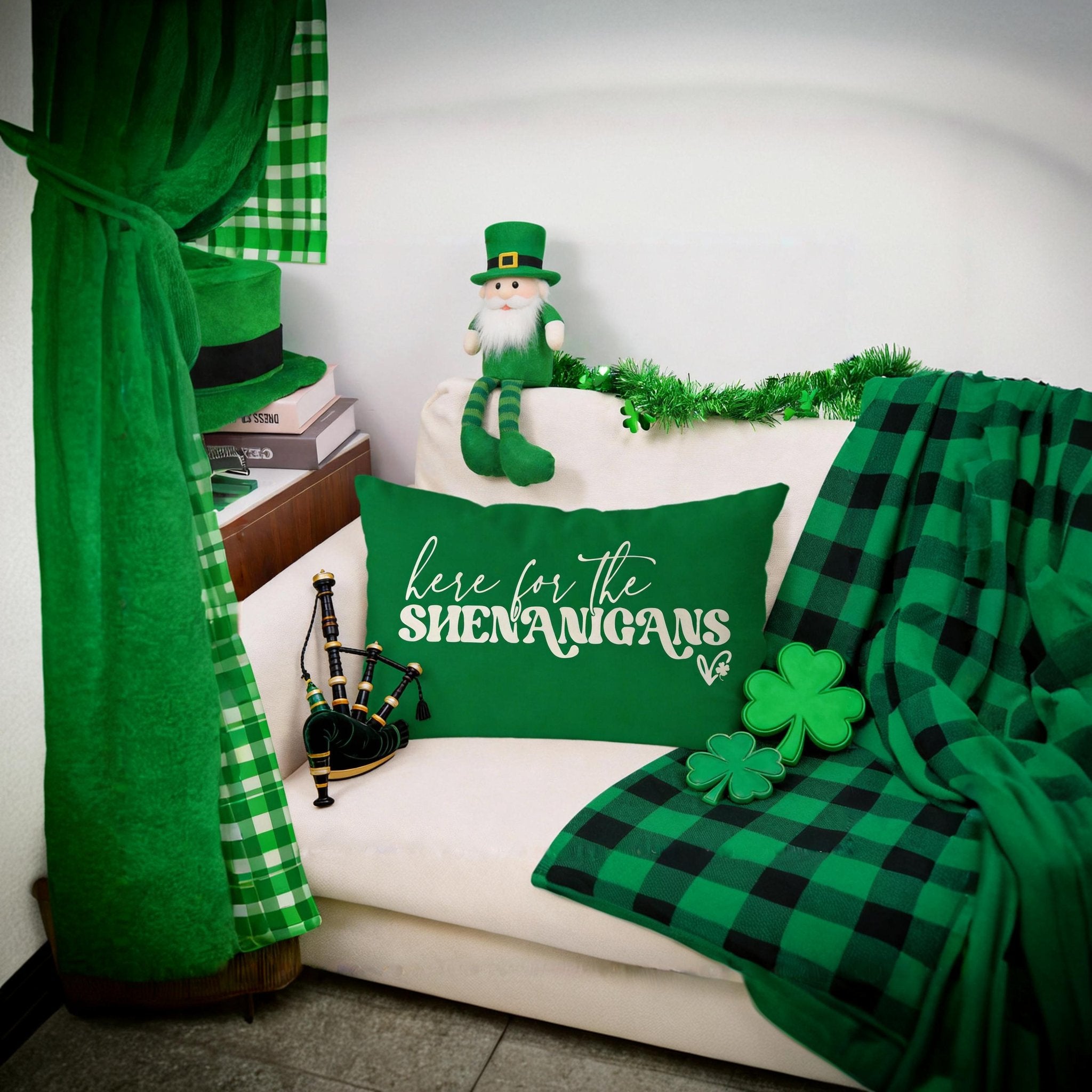 Green St. Patrick's Day pillow cover with white text 'here for the SHENANIGANS' on a sofa with decorative items.