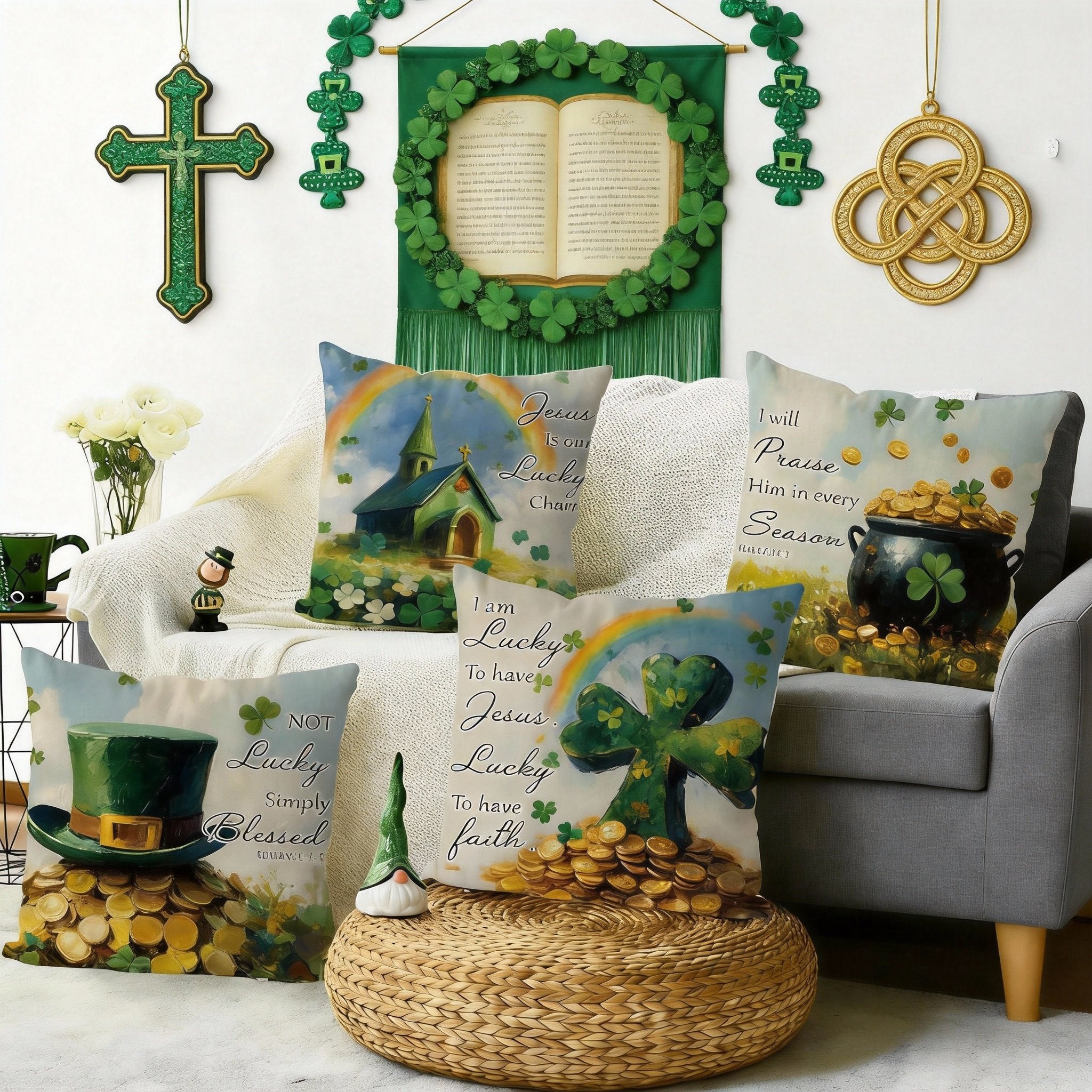 St. Patrick's Day themed pillow covers arranged on a sofa with festive wall decor.