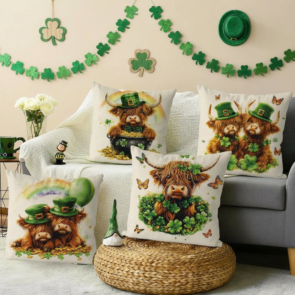 Four St. Patrick's Day themed pillow covers featuring highland cows in green hats and shamrocks, arranged on a sofa.