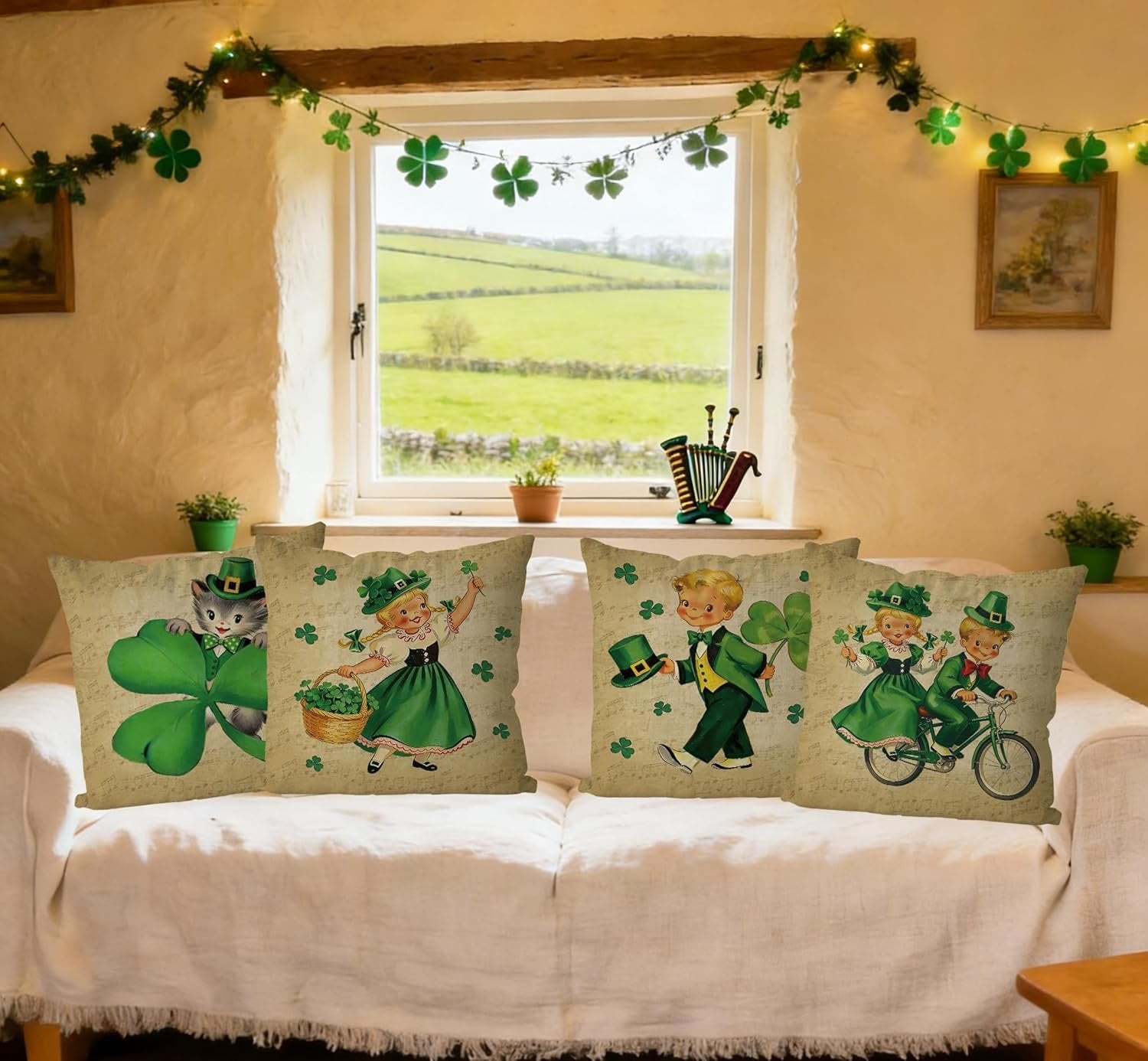 Four St. Patrick's Day themed pillow covers displayed on a white sofa in front of a window.