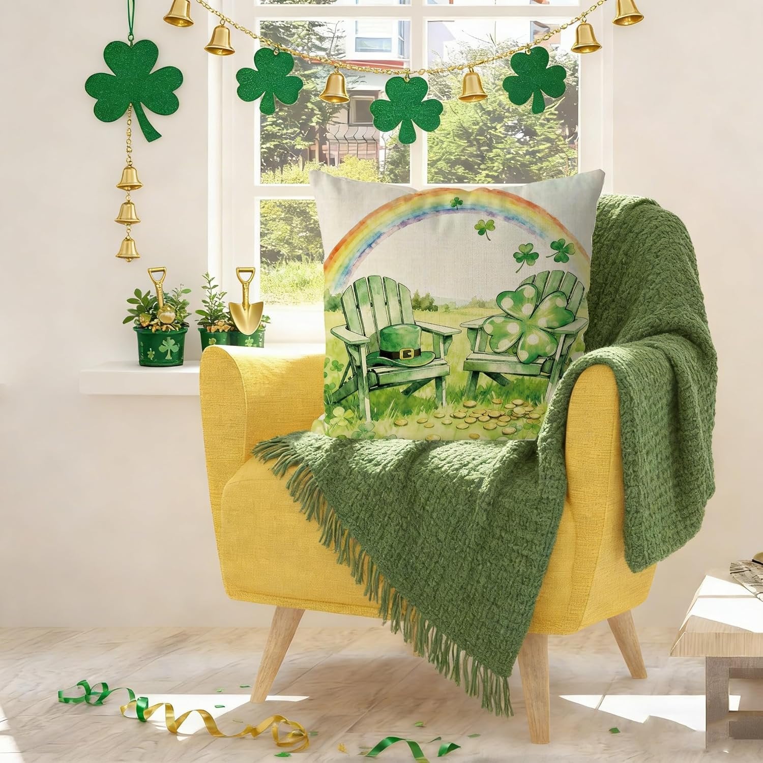 St. Patrick's Day themed pillow cover with a rainbow, shamrocks, and Adirondack chairs on a yellow armchair with a green throw blanket.