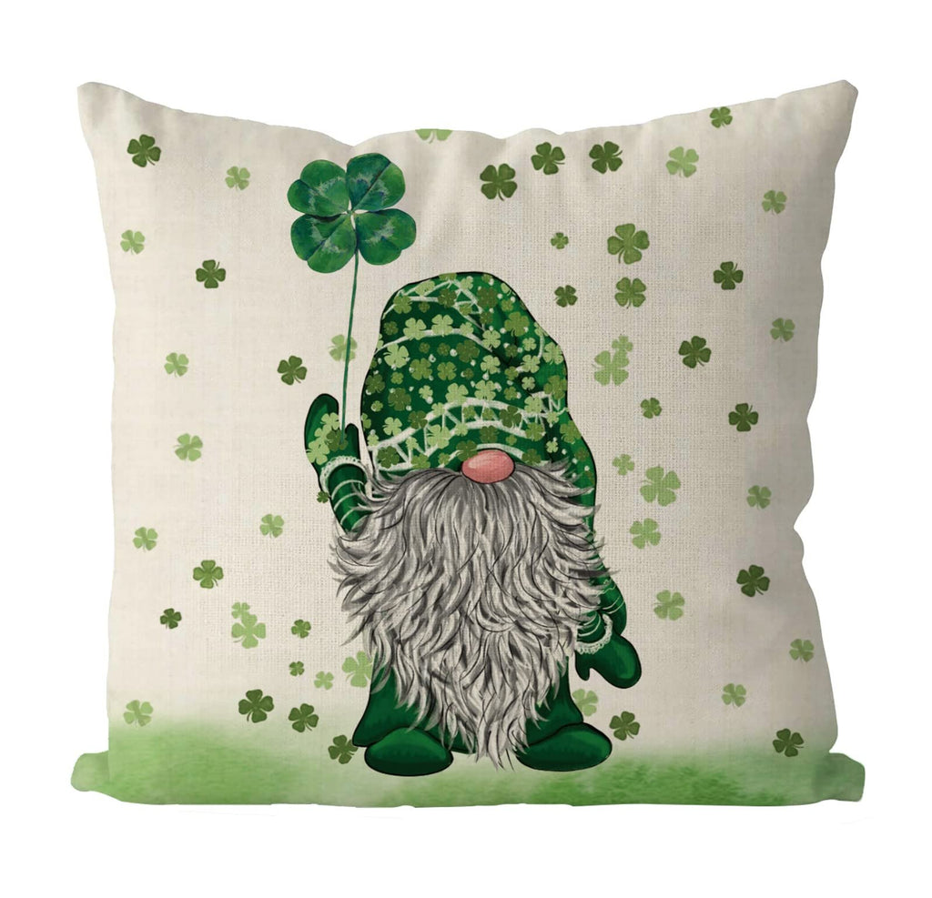 St. Patrick's Day pillow cover with a gnome holding a four-leaf clover, surrounded by shamrocks.