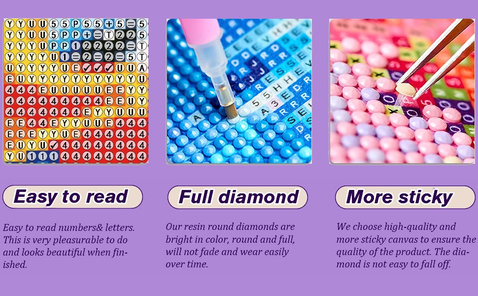 Diamond painting canvas with symbols, close-up of diamond application, and tweezers placing a diamond.