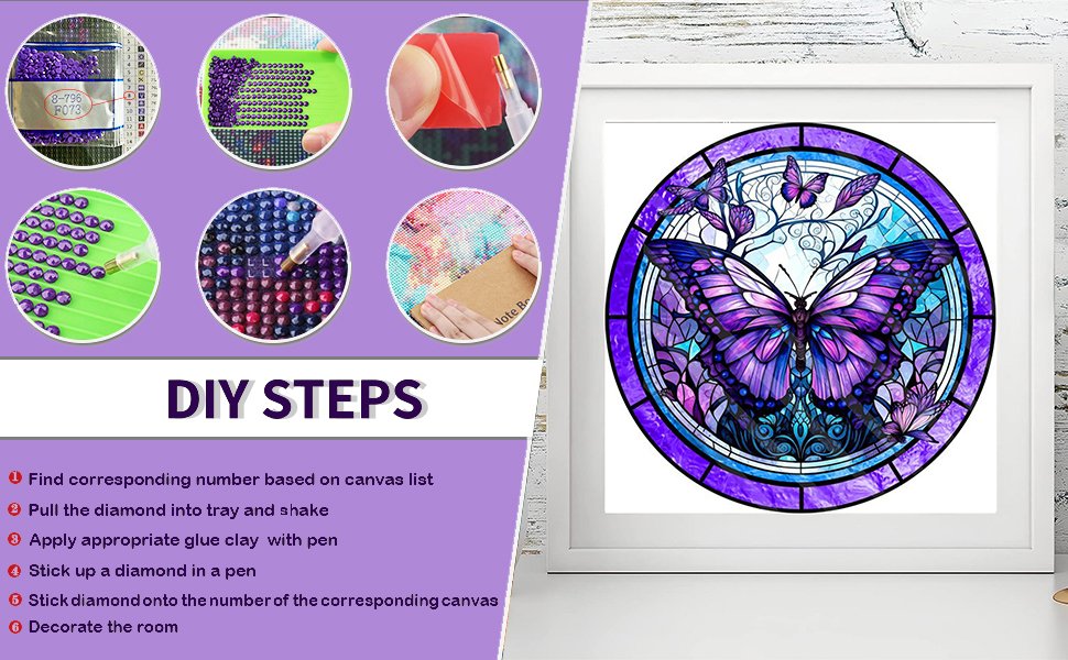 Diamond painting kit showing DIY steps and a finished stained glass butterfly artwork in a frame.