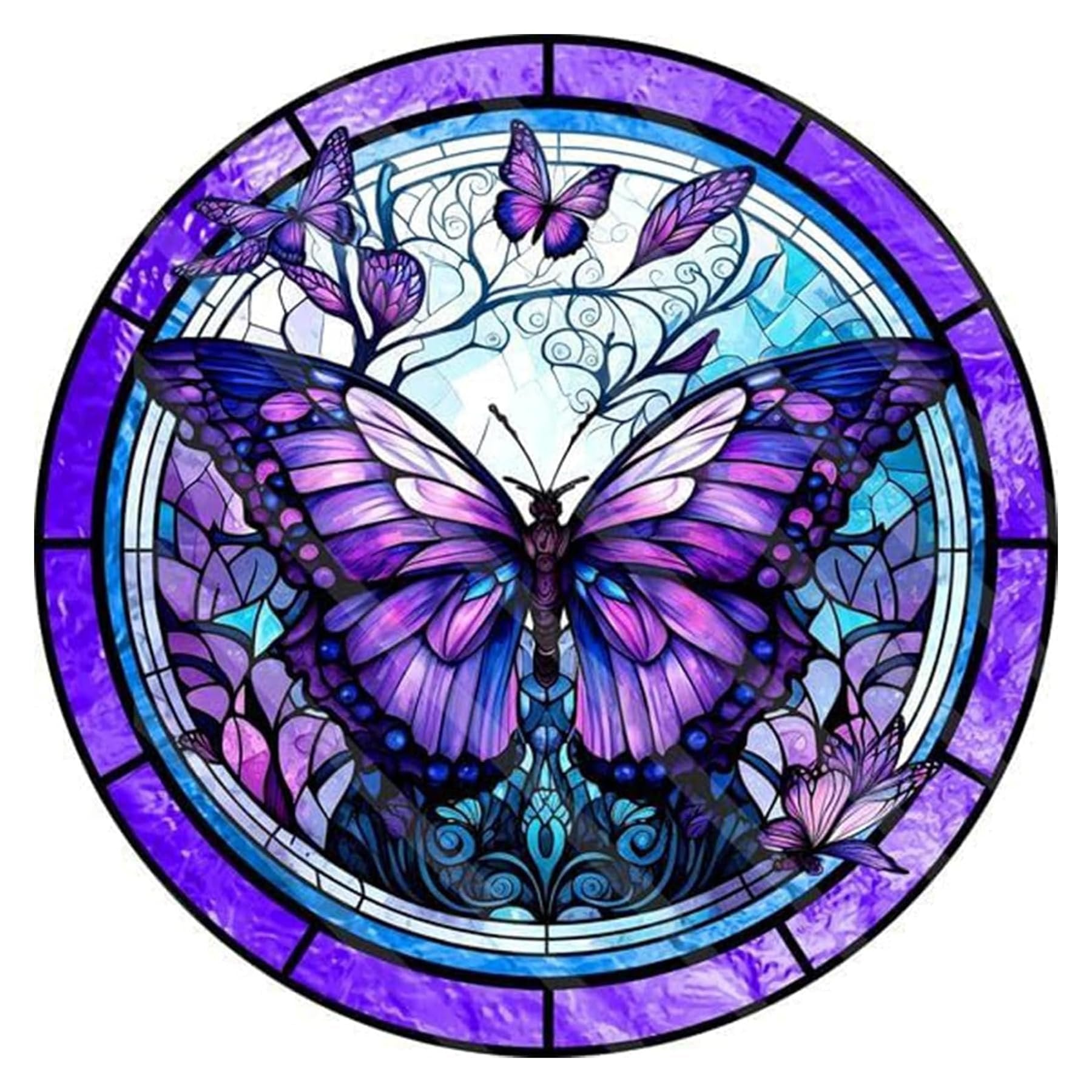 Stained glass butterfly art with purple and blue hues, featuring a large central butterfly and smaller ones on branches, set within a circular frame.