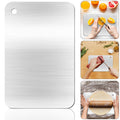 Stainless steel cutting board shown from multiple angles, including a close-up and in use for slicing fruit, meat, and rolling dough.