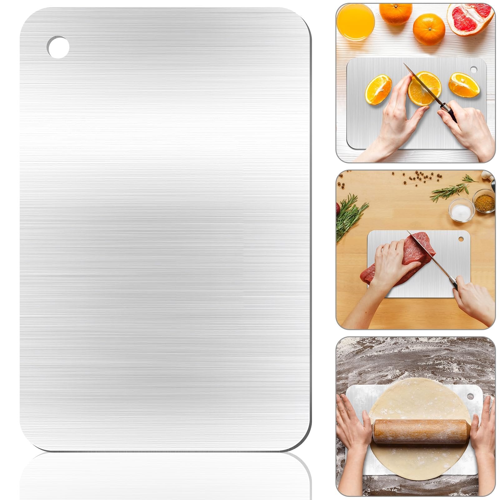 Stainless steel cutting board shown from multiple angles, including a close-up and in use for slicing fruit, meat, and rolling dough.
