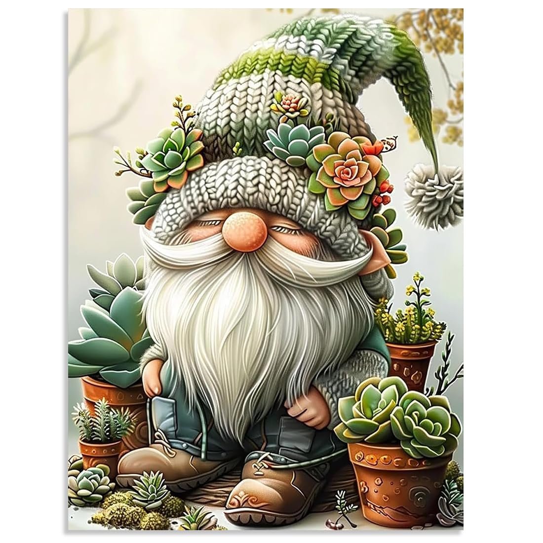 Stamped cross stitch pattern of a gnome surrounded by succulents, wearing a knitted hat adorned with plants.