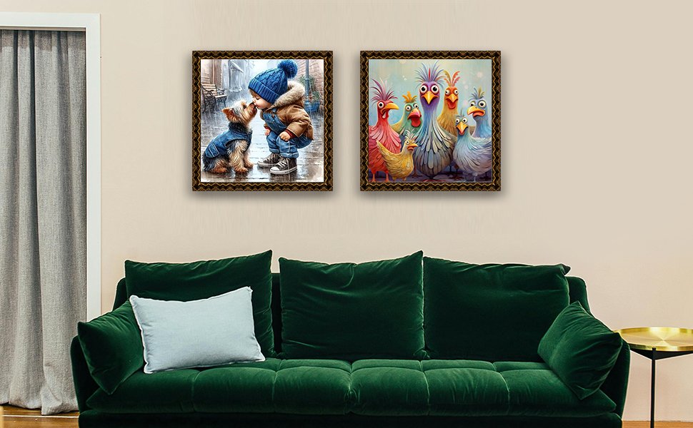 Two framed cross stitch art pieces hanging above a green sofa: one of a child kissing a dog, the other of cartoon chickens.
