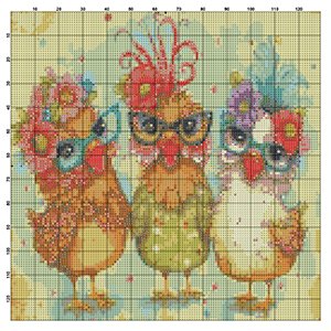 Stamped cross stitch kit featuring three cartoon chicks wearing glasses and floral headbands, on a grid background.