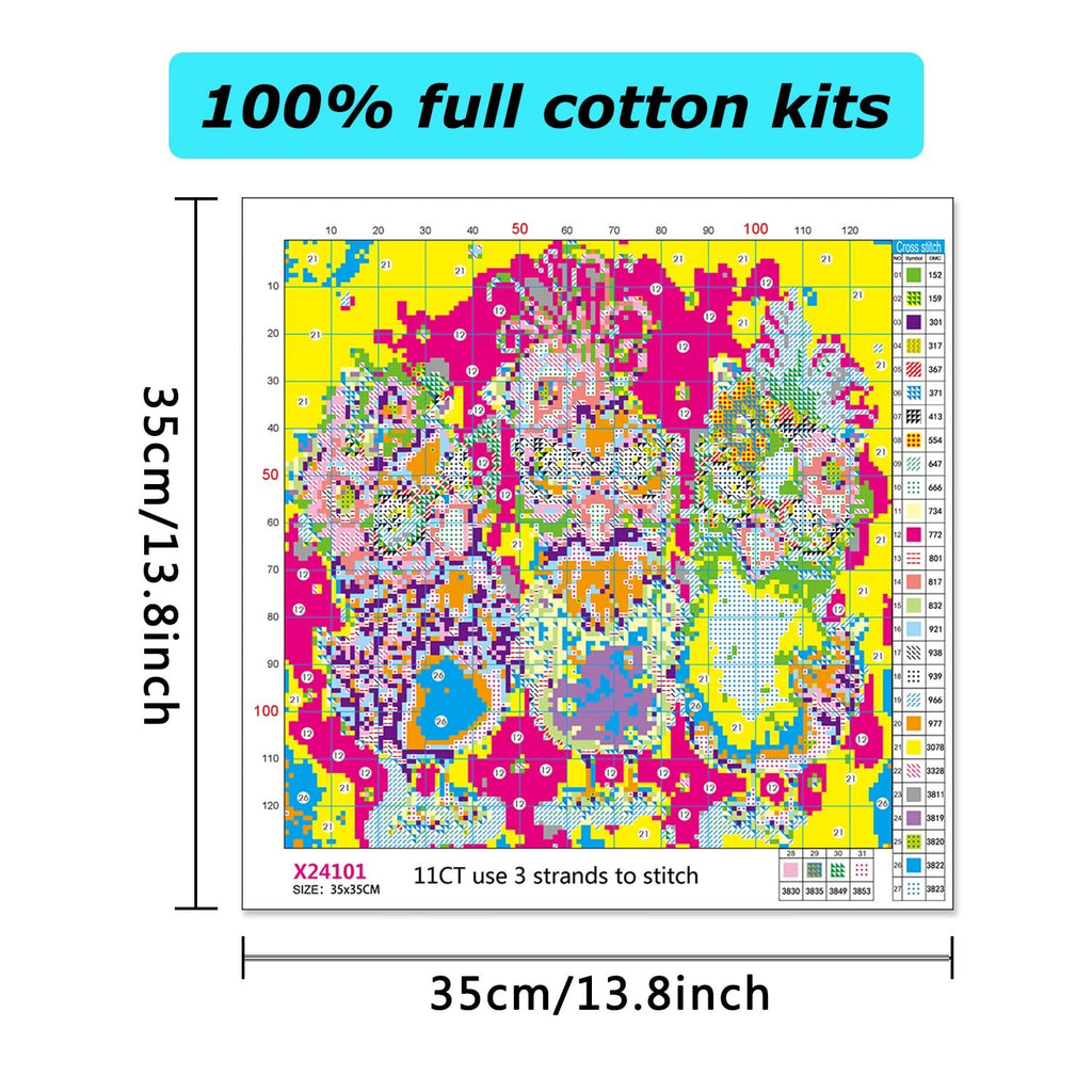Stamped cross stitch pattern grid with color key and size indicators. The grid shows numbered sections and symbols for stitching.