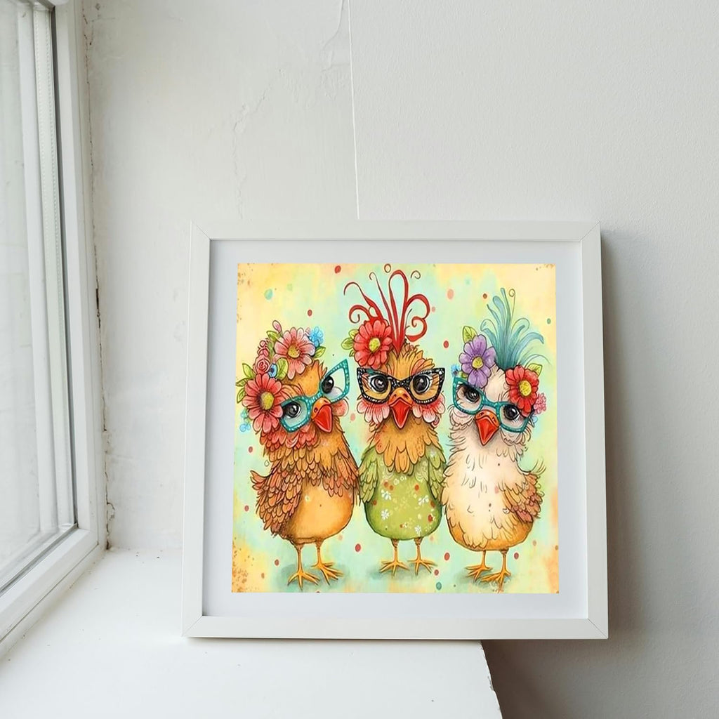 Three cartoon chickens wearing glasses and flower crowns in a white frame.