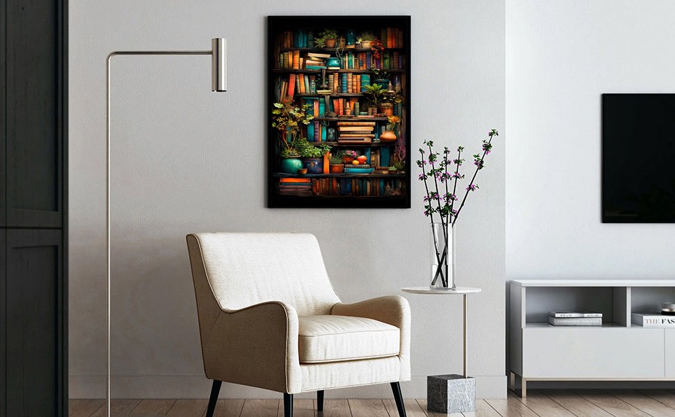 Framed artwork of a bookshelf filled with colorful books and plants, displayed in a living room setting.
