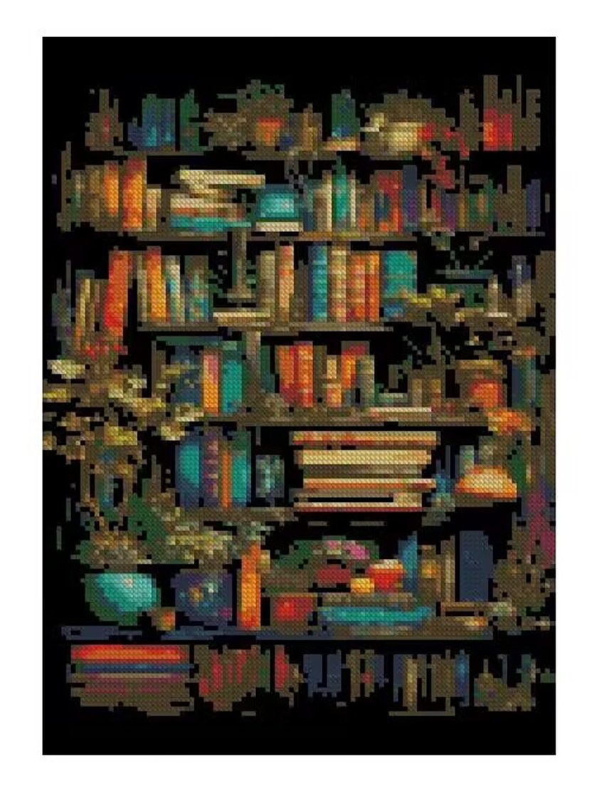 Stamped cross stitch kit design of a bookshelf filled with books and plants, black background