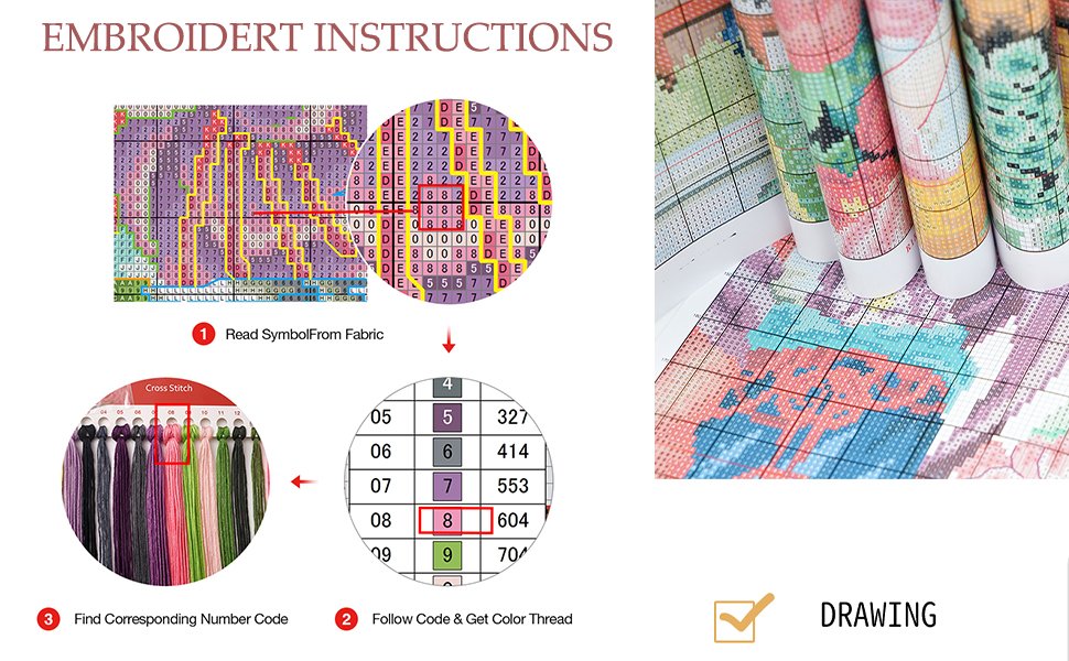 Stamped cross stitch kit instructions showing pattern grid, thread colors, and numbered codes.