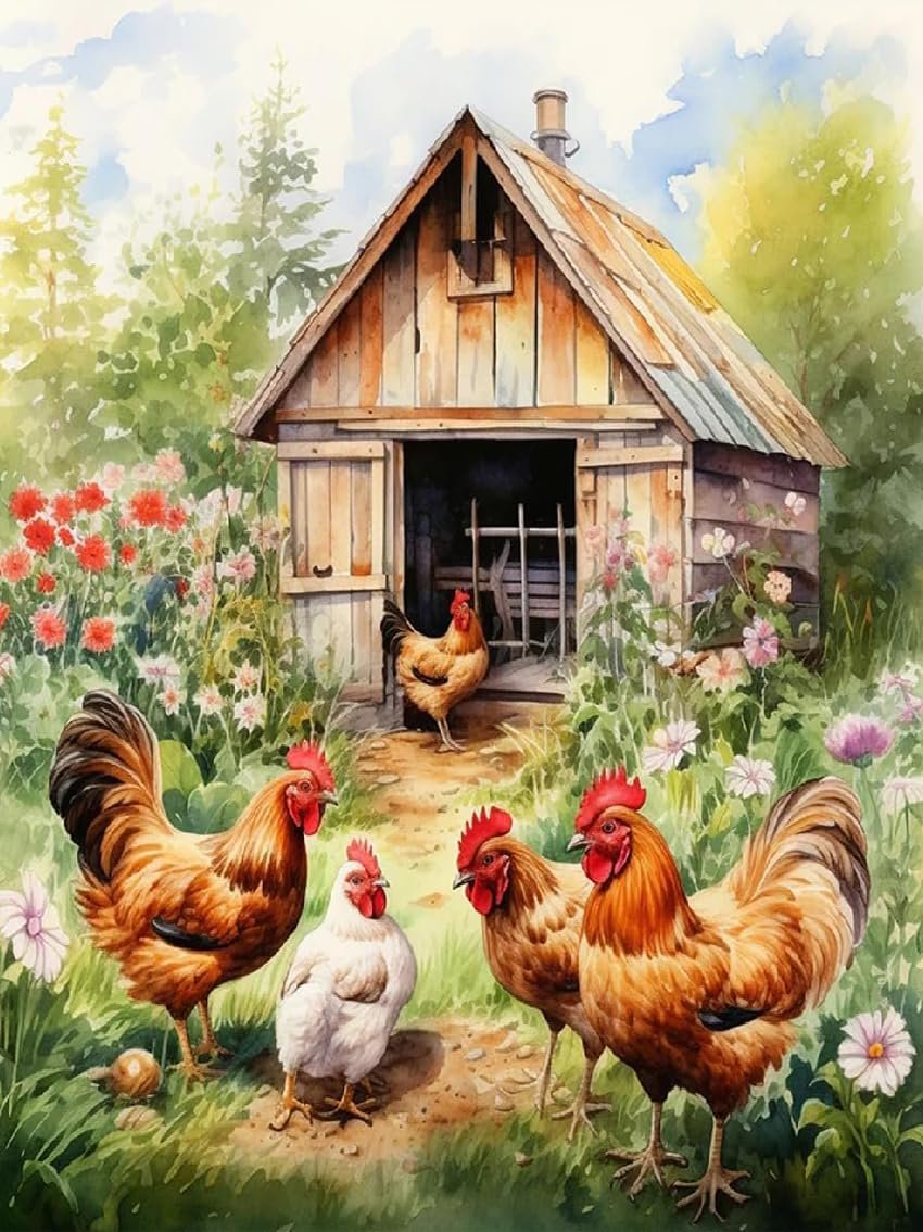 Watercolor painting of chickens gathered in front of a rustic wooden shed with flowers and trees in the background.