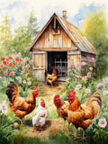 Watercolor painting of chickens gathered in front of a rustic wooden shed with flowers and trees in the background.