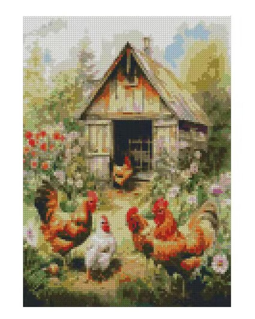 Stamped cross stitch kit featuring a rustic barn and chickens in a garden setting. The design shows roosters and hens in a yard with flowers and trees.
