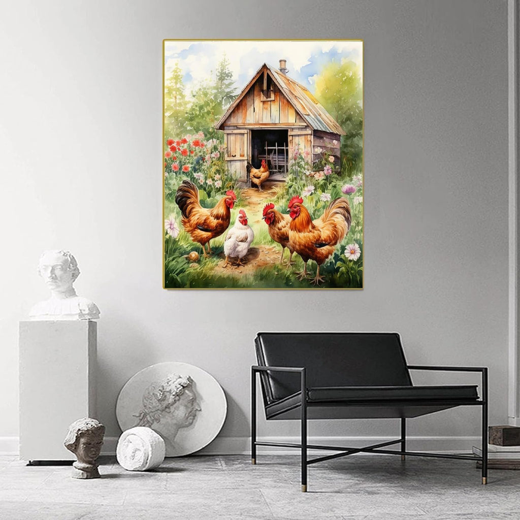 Watercolor painting of a chicken coop with chickens in a garden setting, framed in gold.