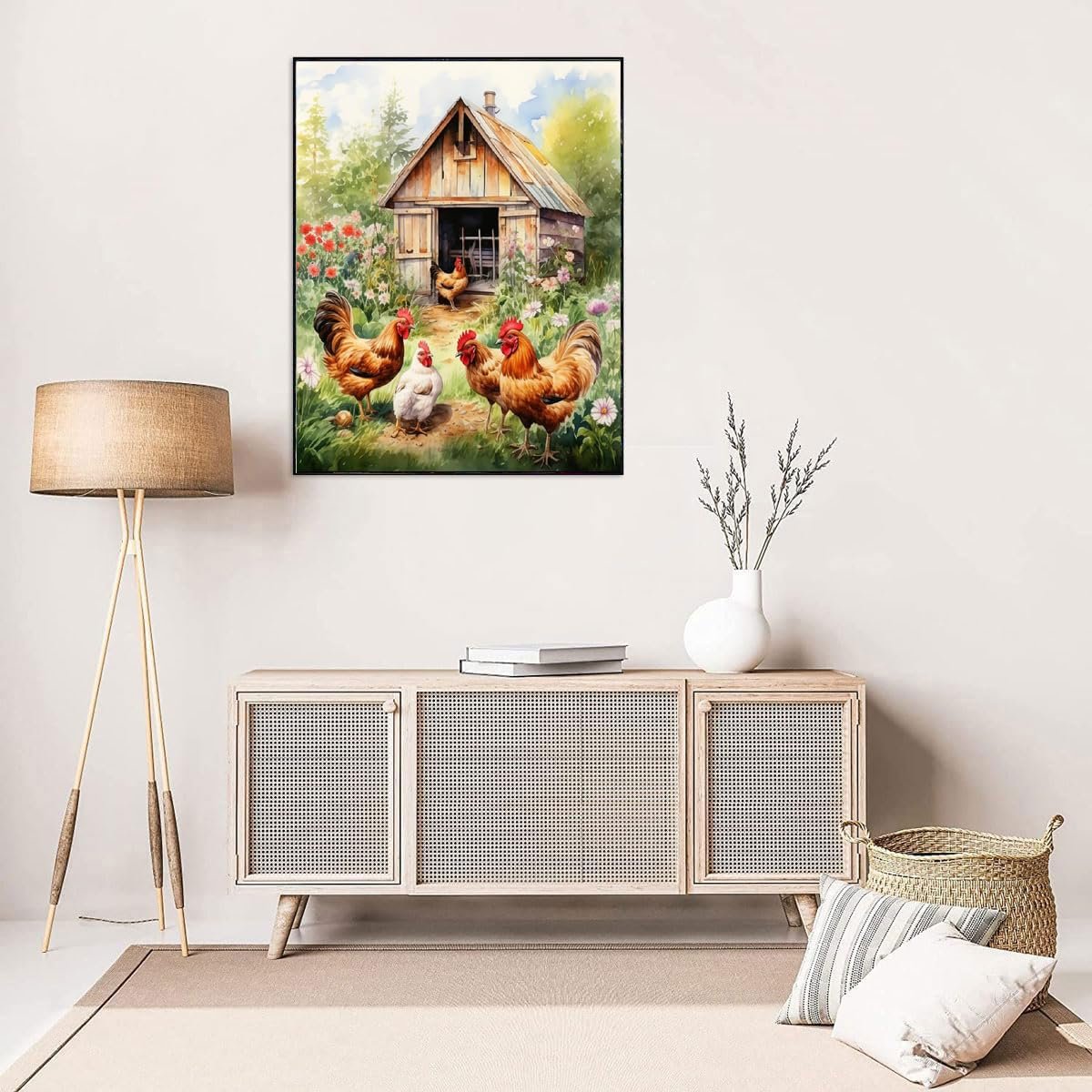 Stamped cross stitch kit featuring a rustic chicken coop with roosters and hens in a garden setting.