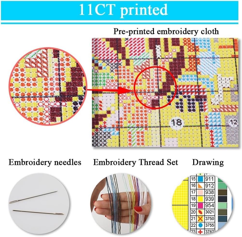 Stamped cross stitch kit showing pre-printed cloth detail, embroidery needles, thread set, and color chart.