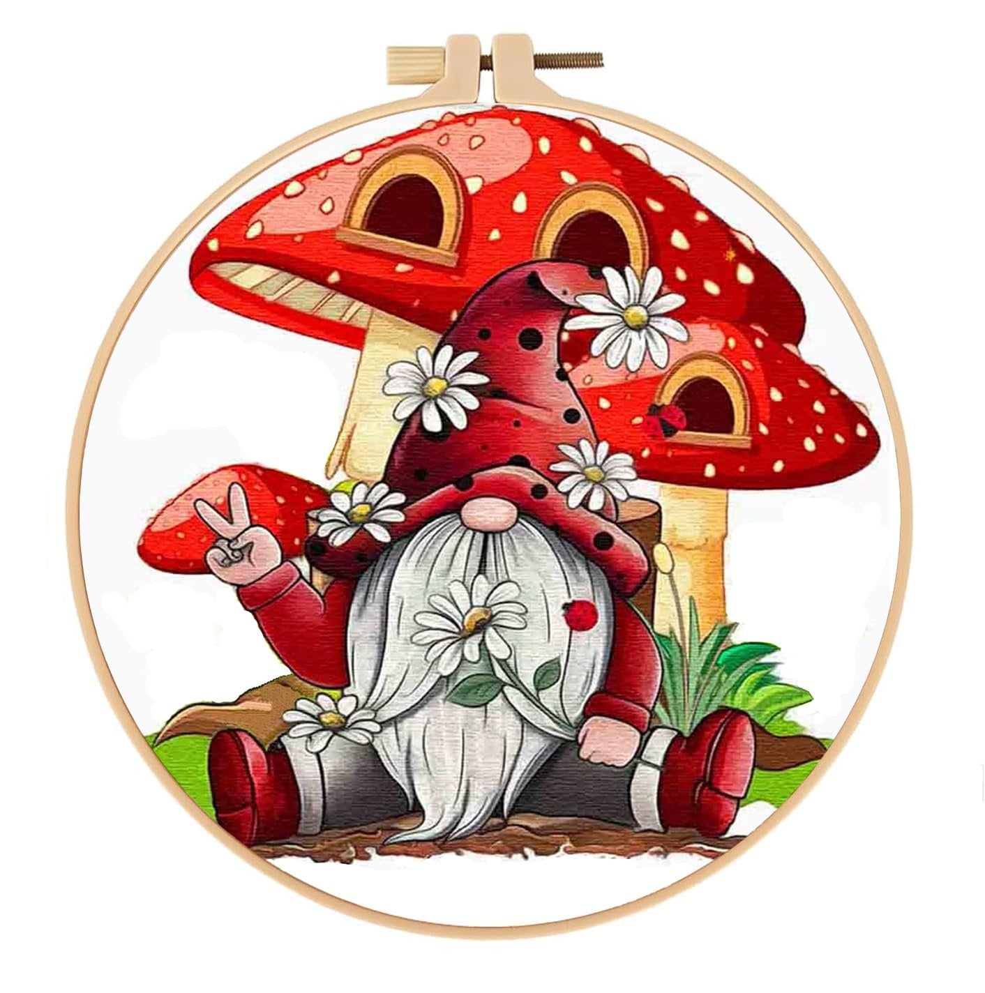 Stamped cross stitch kit featuring a gnome sitting by a mushroom house, holding flowers and giving a peace sign.