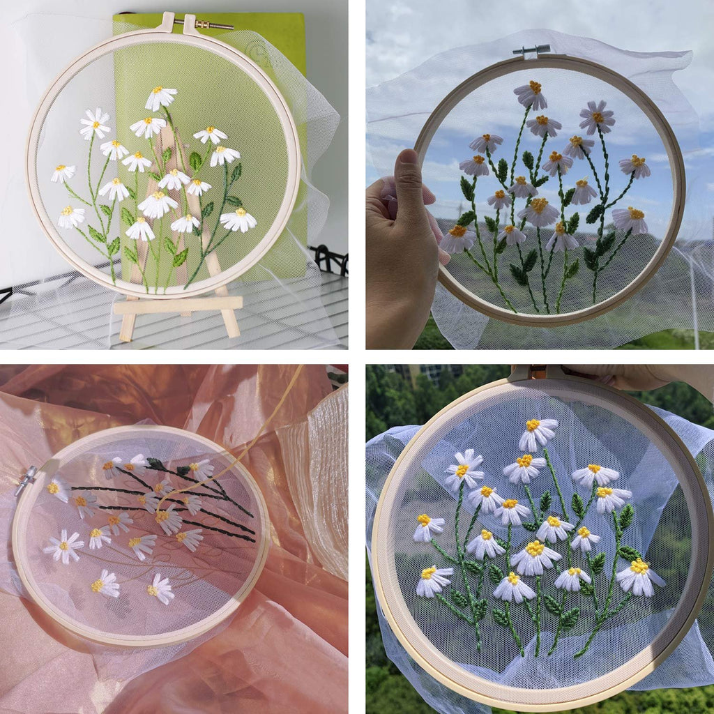 Embroidery hoop with white daisy flowers and green stems on sheer fabric, displayed in various settings.