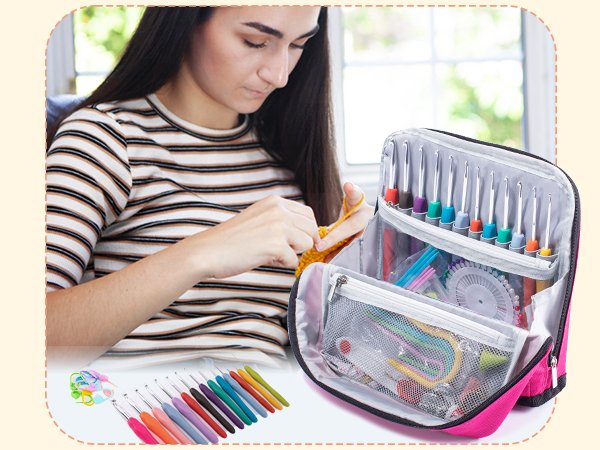 Woman crocheting next to an open pink crochet hook case filled with hooks and accessories