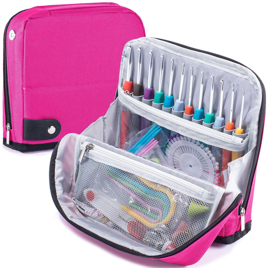 Pink crochet hook case open showing 26 slots filled with various sizes of crochet hooks and accessories inside.