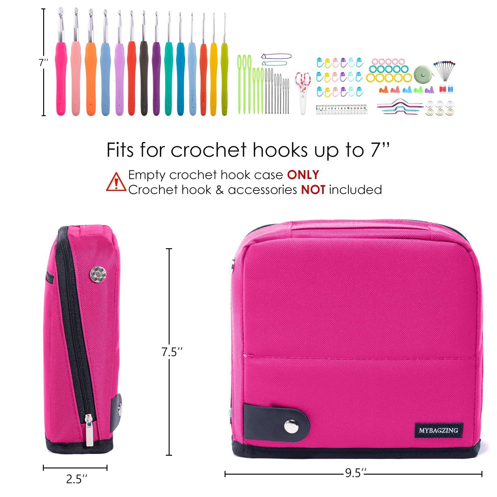 Pink crochet hook case shown from the side and front with dimensions, and a top view of crochet hooks and accessories.