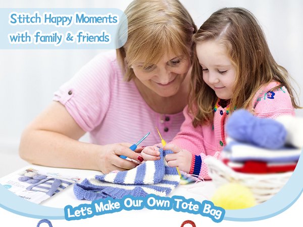 Grandmother and child crocheting a striped tote bag together, with yarn and tools on a table.