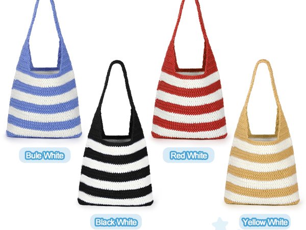 Four striped crochet tote bags in blue and white, black and white, red and white, and yellow and white colorways.