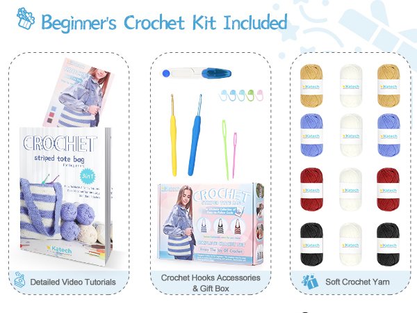 Beginner's crochet kit contents including yarn rolls, hooks, stitch markers, and instruction booklet.