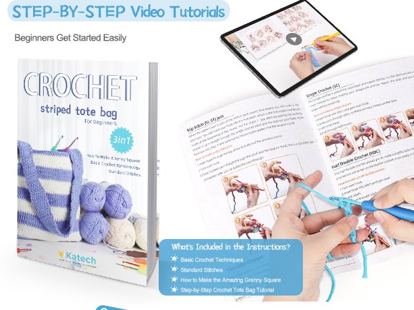Crochet kit contents including yarn, hooks, and instruction booklet with video tutorial on tablet.