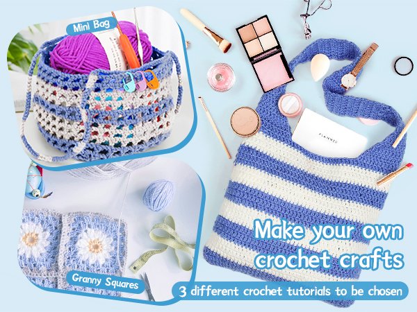 Crochet kit contents including yarn, hooks, stitch markers, and finished bags and granny squares.