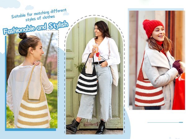 Three women modeling striped crochet tote bags in different settings and outfits.