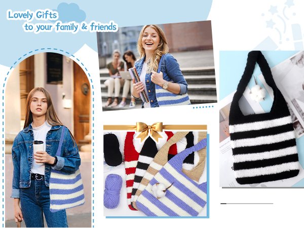 Striped tote bags and yarn rolls displayed in a collage with lifestyle images of women carrying bags.