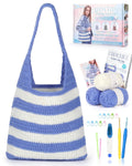 Crochet tote bag kit with yarn, hooks, stitch markers, and guide book on a white background.