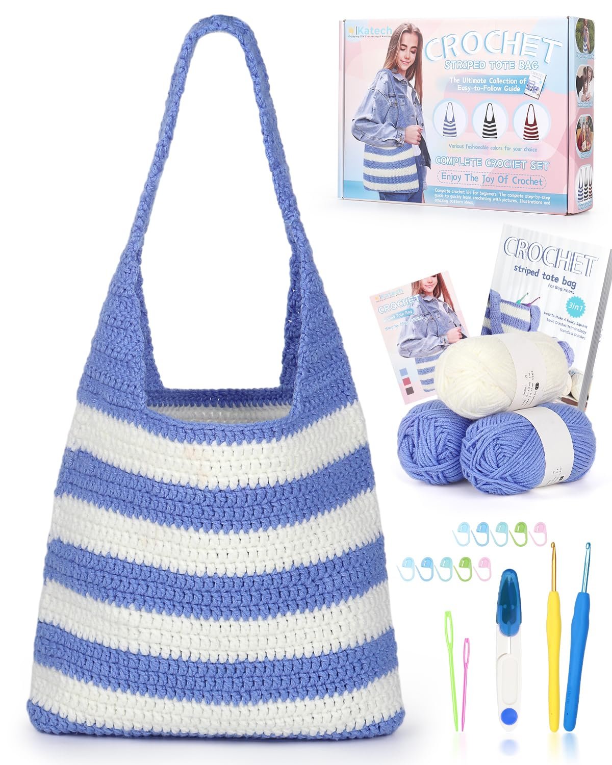 Crochet tote bag kit with yarn, hooks, stitch markers, and guide book on a white background.