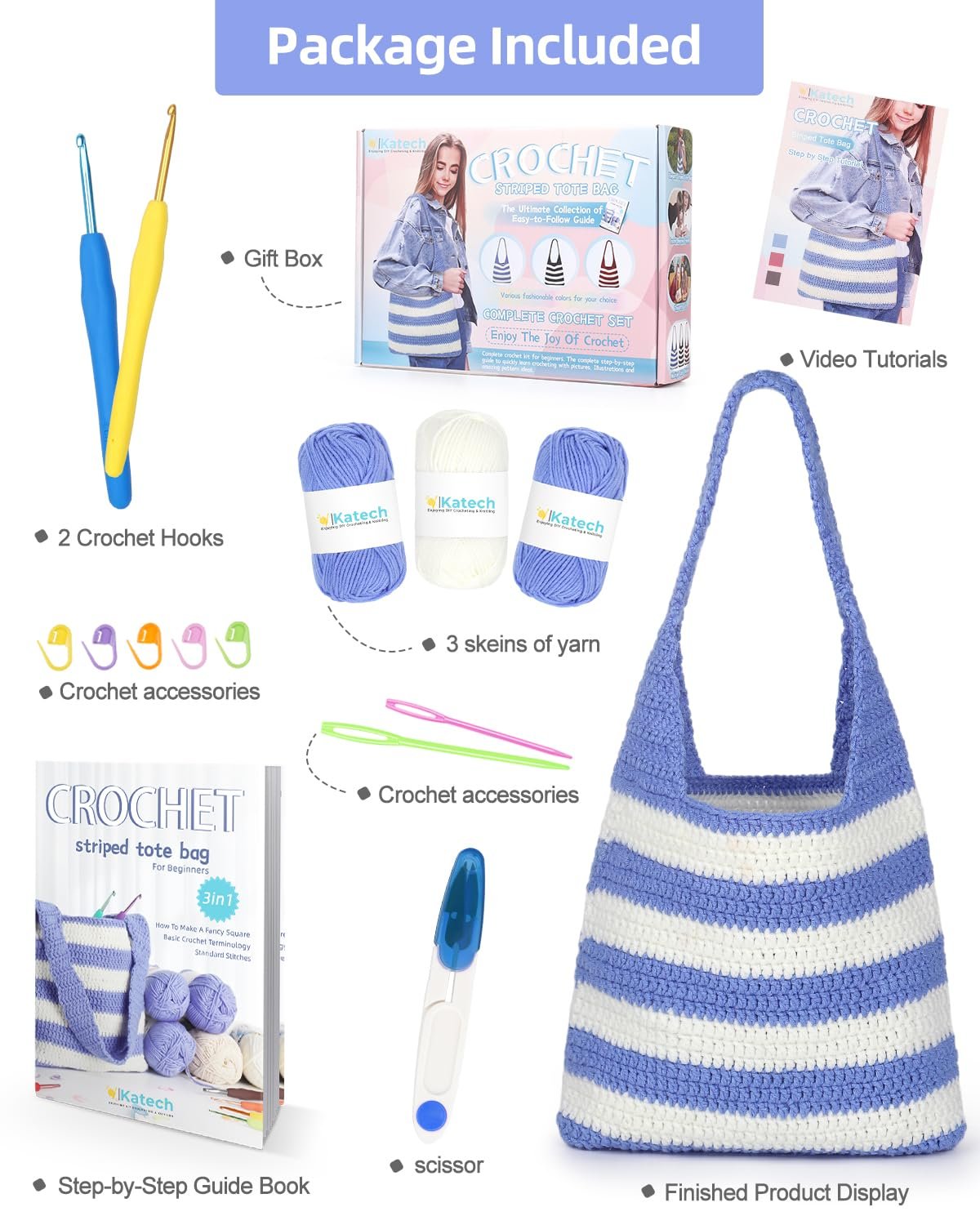 Crochet tote bag kit contents including yarn, hooks, stitch markers, scissors, and guide book.