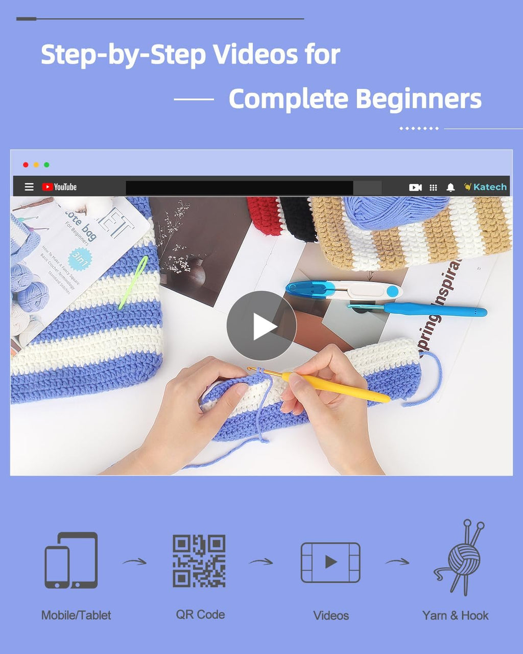 Crochet kit tutorial video interface showing hands crocheting a striped tote bag with yarn and hooks.